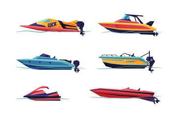 Sticker - Motorboat or Speedboat as Watercraft or Swimming Water Vessel Vector Set