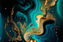 Awe-Inspiring: An Abstract Liquid Acrylic Painting Of Intricate Flowing Gold, Teal And Black Cyan Aqua Colors.