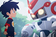 © Claudia Nass - ai generative illustration of a boy meeting a robot for the first time, anime style