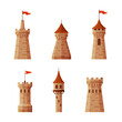 Medieval Castle Elements with Wall and Tower with Flag Vector Set