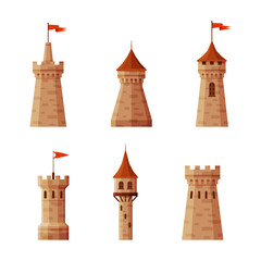 Poster - Medieval Castle Elements with Wall and Tower with Flag Vector Set