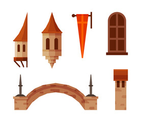 Wall Mural - Medieval Castle Elements with Pennant, Window, Tower and Bridge Vector Set