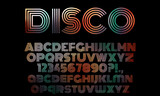 Fototapeta Konie - Multicolor disco alphabet letter set and numbers, retro style font design, 80s 90s sparkling line abc for poster, banner, website etc. 