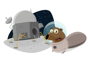 Wall Mural - funny cartoon beaver on the moon