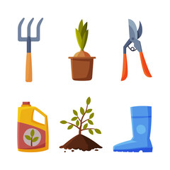 Sticker - Garden with Seedling, Rubber Boot, Pruner, Fork, Plant and Fertilizer Vector Set