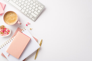 Women's Day concept. Top view photo of keyboard pink notebooks golden pen heart shaped saucer with pushpins and cup of coffee on isolated white background with empty space