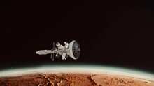 SpaceX orbital station flying above Mars, artist rendering 