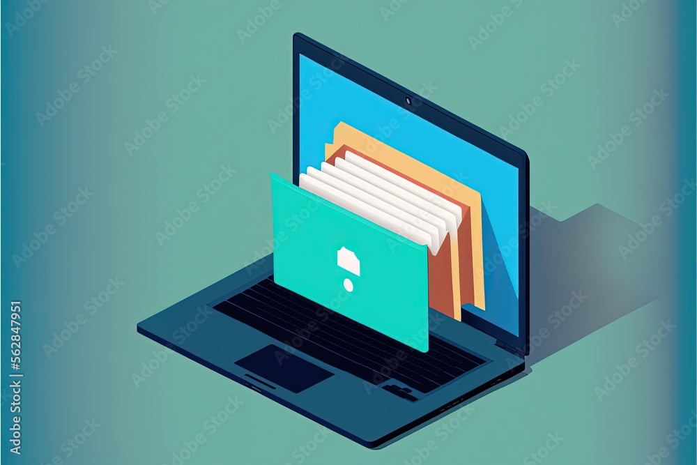 File folder on laptop screen, blue background. AI digital illustration ...