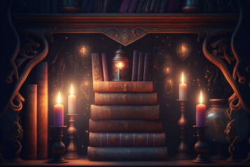 Wooden bookshelf with old magic books, candles and magic lights around, Generative Ai.