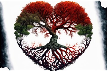 Tree of life roots making red heart shape. Generative AI