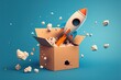 Rocket coming out of cardboard box, blue background. AI digital illustration