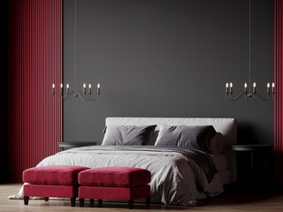 Viva magenta 2023 interior color - luxurious artdeco rich bedroom. Mockup wall dark black and crimson red burgundy color furniture . Modern room design interior home. Accent premium style. 3d render 