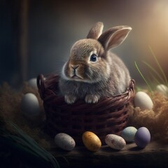 Wall Mural - Easter bunny, basket and eggs created with generative AI technology