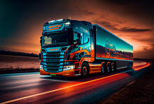Eighteen Wheelers Delivering Product Worldwide - AI Generated Illustration