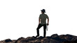 a traveler tourist dressed as Indiana Jones stands on top of a mountain as a symbol of travel and tourism render 3d
