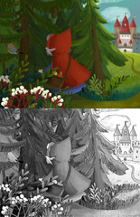 Wall Mural - cartoon happy old woman witch sorceress in the forest near path to the castle illustration