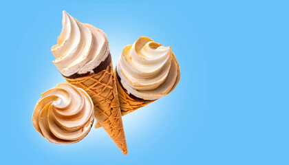Fototapete - Three waffle cups with ice cream. Isolate on a blue background