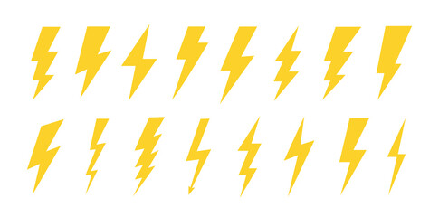 Wall Mural - Yellow lightning bolt icons isolated on white background. Flash symbol, thunderbolt. Simple lightning strike sign. Vector illustration