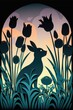 Easter bunny with Spring flowers, 1920s Art Deco poster with silhouette of rabbit, tulips and grass. Generative AI.