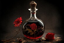 Gothic Valentine, Poisonous Vine, Alcohol In Glass Carafe And Red Flowers. AI Generative, AI Generated Illustration.