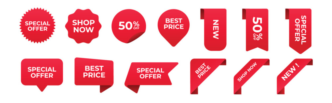 Set of vector red starburst, sunburst badges. Simple flat style vintage labels, stickers with sale discount text. Sale quality tags and labels. Template banner shopping badges.