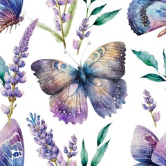 Canvas Print - Watercolor butterfly and lavender flower elegant painting seamless pattern background