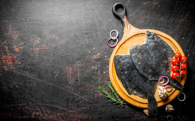 Sticker - Raw fish flounder with tomatoes, onions, garlic and rosemary.