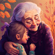 Illustration of grandmother and granddaughter hugging. Family love. Hug. Happiness. Tenderness. Little girl sheltered by her granny. Old lady with gray hair and glasses. Generative AI illustration. 
