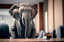 Elephant In The Room Concept.  Big African Elephant Dressed Up In A Suit With His Hands In His Pocket.  Elephant Is In A Office Setting Looking Serious.  Generative Ai