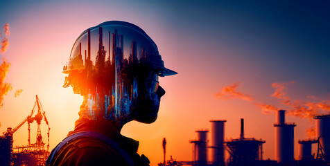 Banner Double exposure artwork, petrochemical oil, gas tube, refinery facility and electricity engineer. Concept energy sector industry. Generation AI