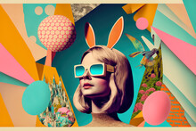 Cute Easter Bunny Girl. 60s Retro Style Pop Art Collage. Illustration, Generative AI