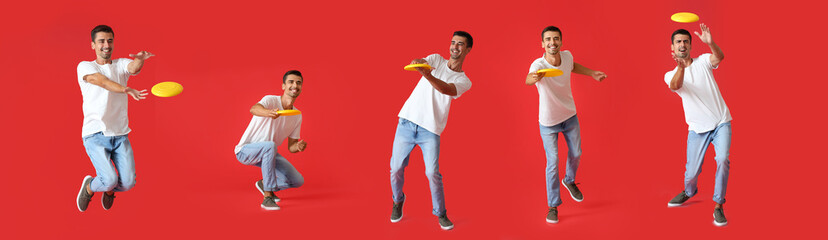 Sticker - Set of young man playing frisbee on red background