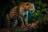 a beautiful jaguar in its natural habitat. On on a tree trunk