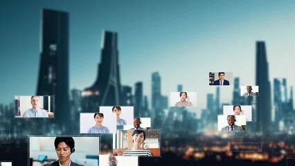 Poster - Multinational people talking in virtual space. Video chat. Web conference.