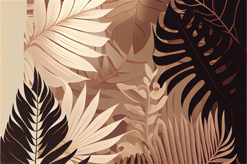 Wall Mural - jungle foliage background  with palm tree fronds and jungle leaves in soft borown and beige colors, generative AI