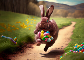 Joyful running easter bunny with colorful eggs, generative AI