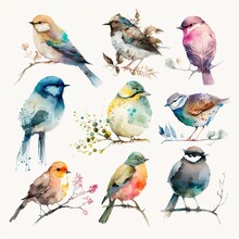 Collection Of Pretty Delicate Watercolor Birds. Each Bird Is A Different Type. Generative AI