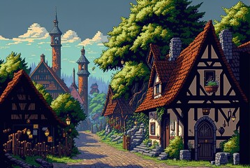 Wall Mural - Pixel art medieval village, middle age houses, village with castle, buildings and trees, background in retro style for 8 bit game, Generative AI