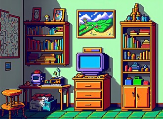 Pixel art game room, bedroom with video game consoles, background in retro style for 8 bit game, Generative AI