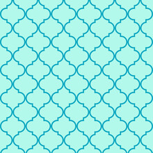 Seamless Background Of Geometric Islamic Trellis Pattern In Aqua With Blue Outline	