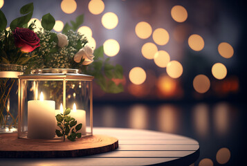 Candles and plant decoration on the wooden table, Generative AI