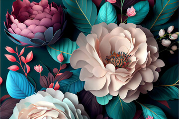 Wall Mural - Wonderful vintage flowers pattern isolated on blue background. Generative AI illustration