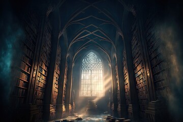 Wall Mural - fantasy library in cozy cathedral environment. Generative AI