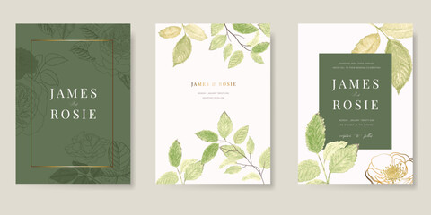 Wall Mural - green Summer Flower Wedding Invitation set, floral invite thank you, rsvp modern card Design in pink leaf greenery  branches with blue background decorative Vector elegant rustic template
