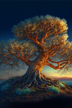 Illustration Of A Great Oak Tree On A Hill, Generative AI