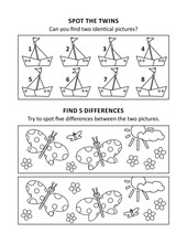 Activity Sheet For Kids With Two Visual Puzzles, Also Can Be Used As Coloring Page, Printable, Fit Letter Or A4 Paper.
