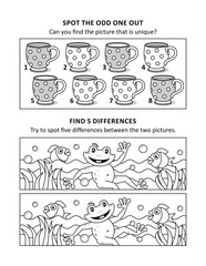 Activity sheet for kids with two visual puzzles, also can be used as coloring page, printable, fit Letter or A4 paper.
