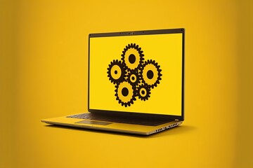 Laptop with gears on screen, yellow background. Generative AI