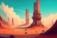 Scorching Hot Arizona Like Desert With Huge Sandstone Rock Formations, Arid And Dry Weather Conditions Erode And Leave Landscape Lifeless - Generative AI Illustration.