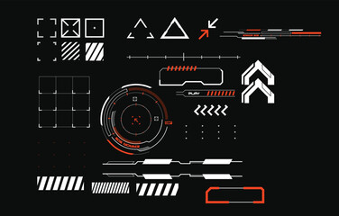 Wall Mural - HUD interface icon vector illustration set. Circle and rectangular shape borders and Callouts titles, frame in Sci- Fi style. Information call box bars, modern info. 